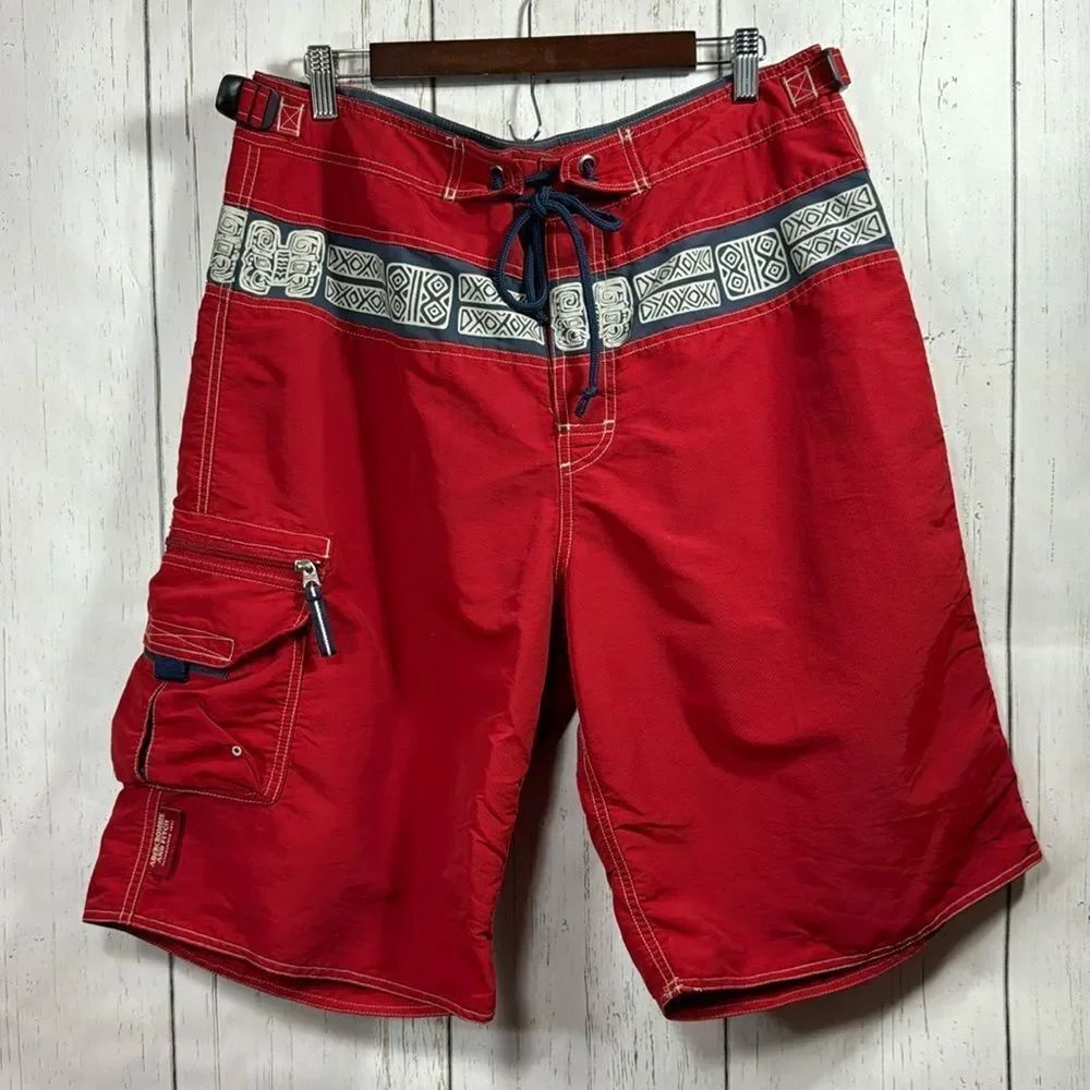 Abercrombie & Fitch Red Tribal Board Shorts Swim Trunks Size 34 Beach Resort Y2K